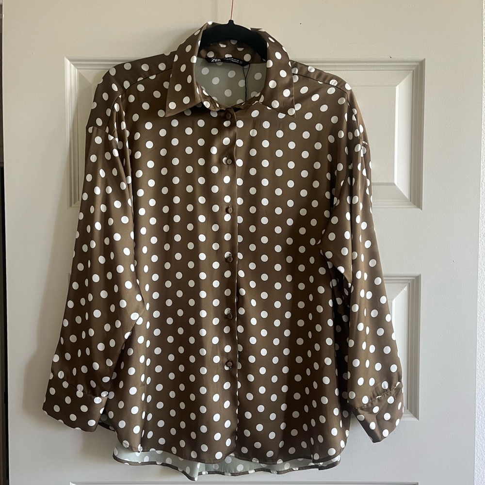 Zara silk feel polka dot olive green blouse